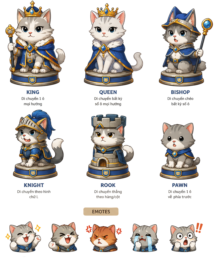 Cat chess pieces in Paw Kingdom Chess